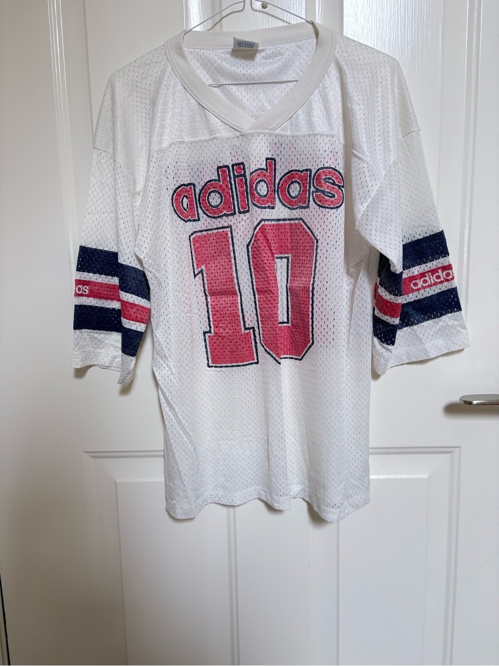 Vintage adidas White Mesh Jersey with Red Number and Navy/Red Sleeve Stripes